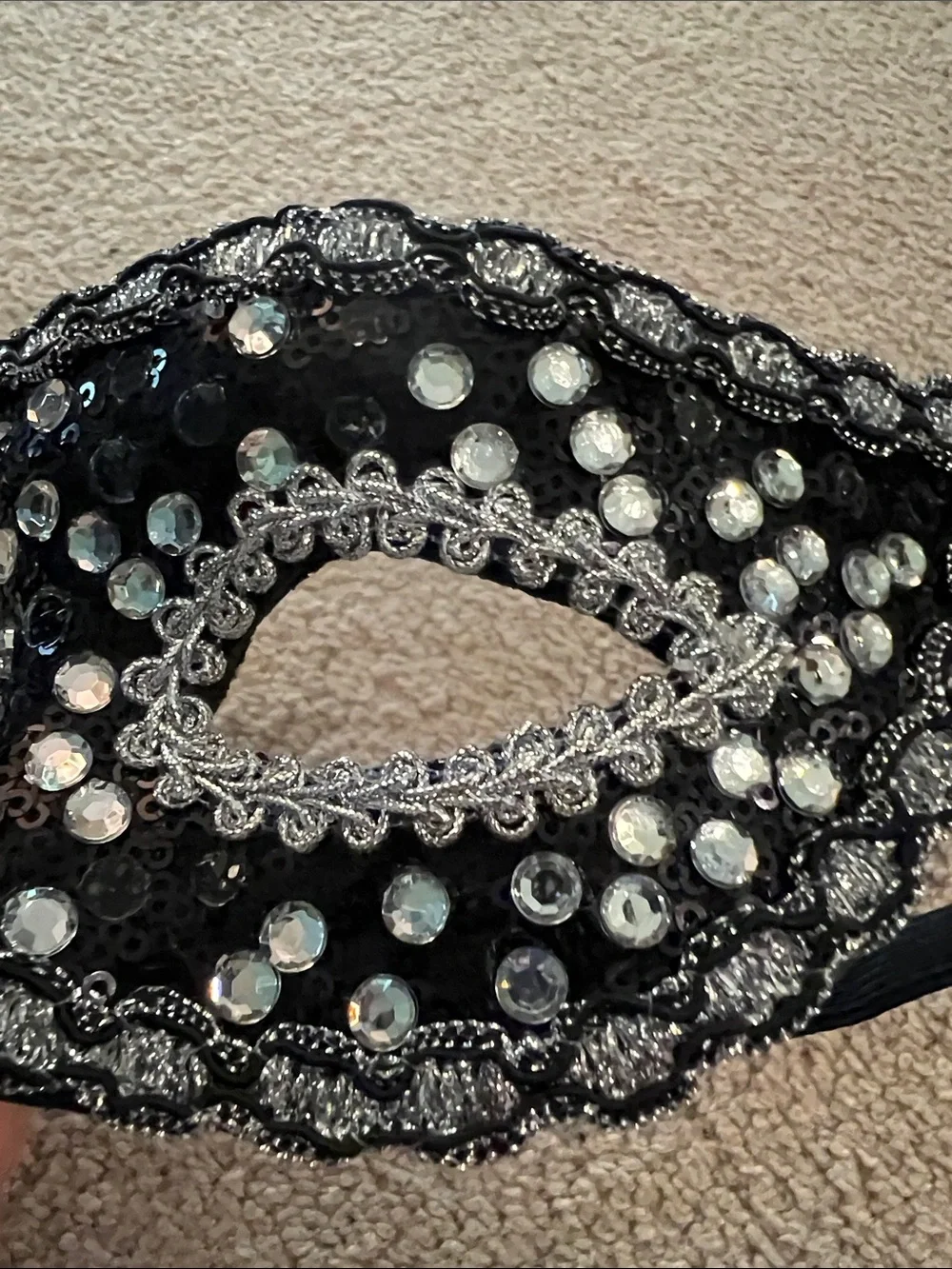 Black and Silver Beaded Masquerade Eye Mask with Ribbon Accent